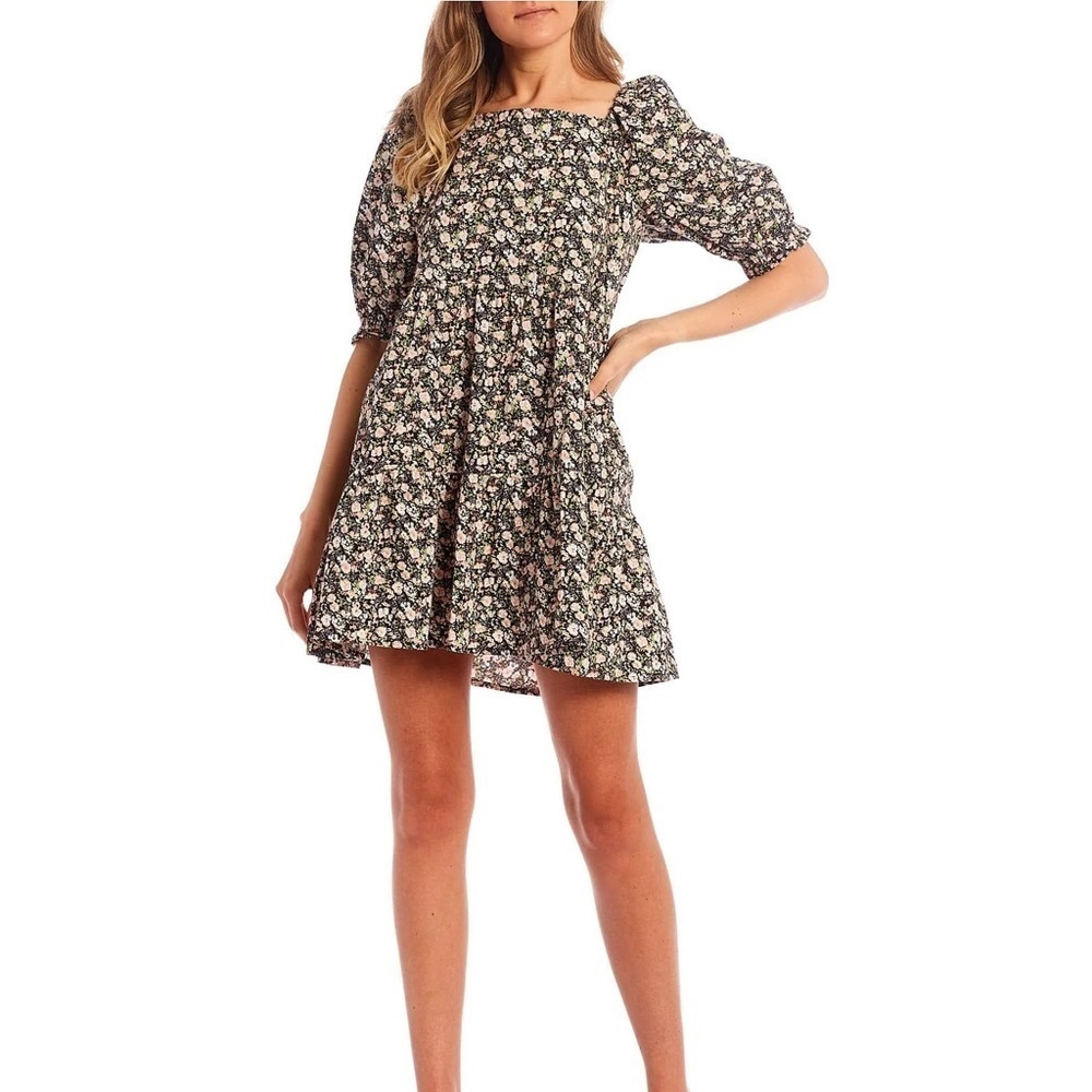 LEVI'S Black Floral Pouf Sleeve Square Neck Short Dress (Small)